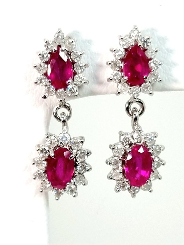 耳環 - 18 克拉 白金 紅寶石 - 鉆石 #1.0