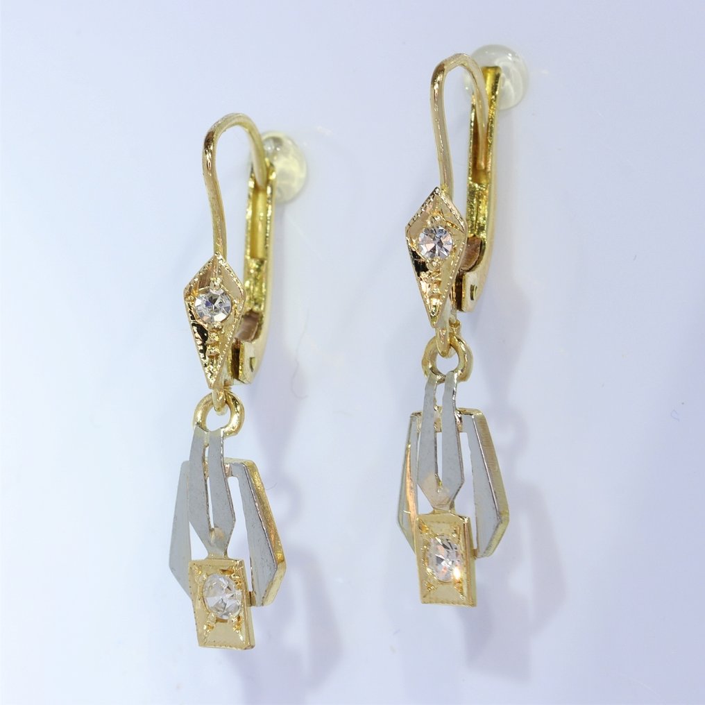 Nincs minimálár - Drop fülbevaló - 18 kt. Sárga arany, Fehér arany - Gyémánt - Régi 1940-es évek #1.0