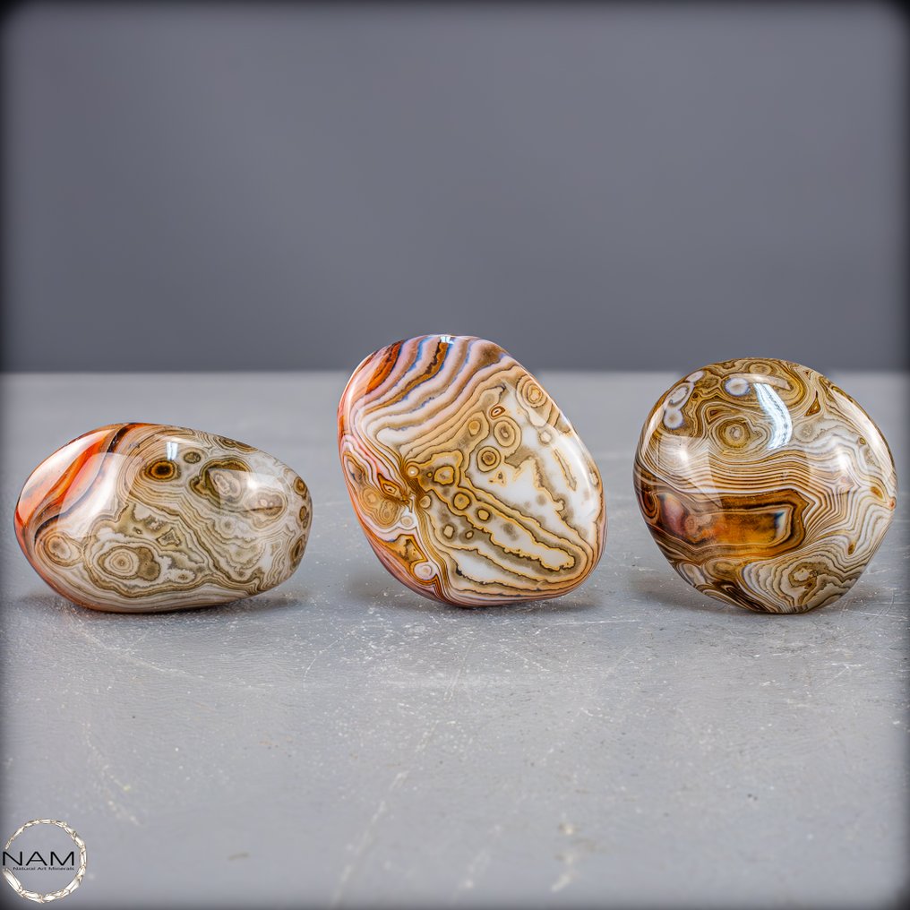 Set di forme libere in sardonyx e acquamarina nastro vivace, colori profondi e motivi straordinari- 295.95 g - (3) #3.2