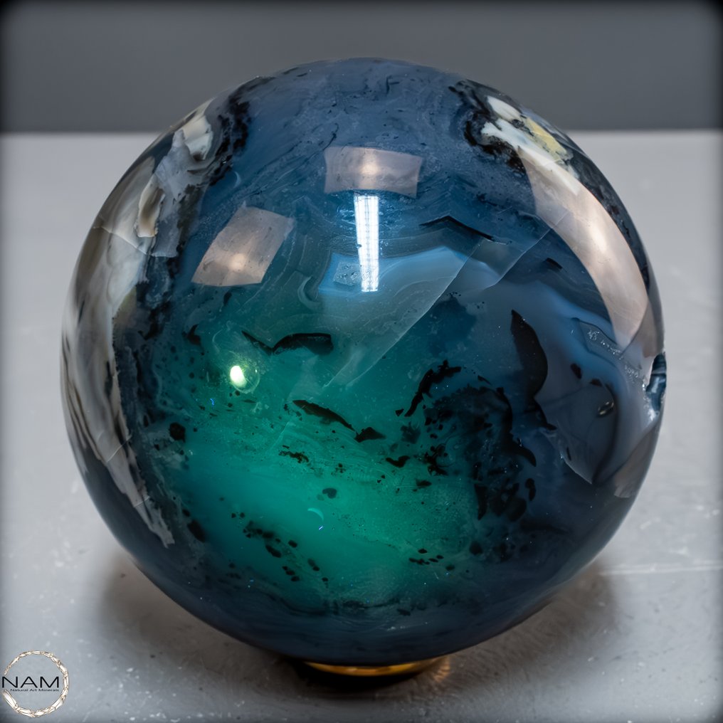 稀有的紫外线激活苔藓玛瑙 具有令人印象深刻的深度效果和发光中心的球体- 964.15 g #1.0