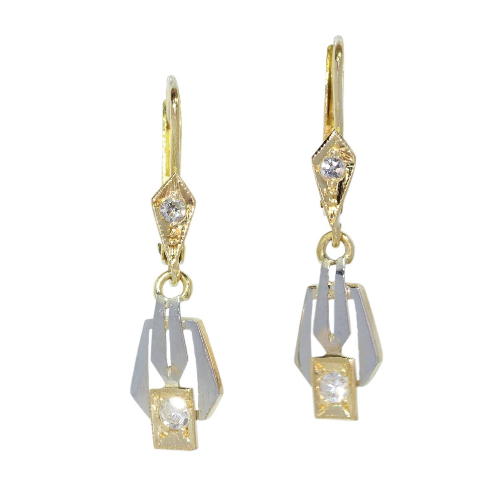 Nincs minimálár - Drop fülbevaló - 18 kt. Sárga arany, Fehér arany - Gyémánt - Régi 1940-es évek #1.0