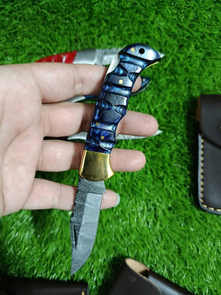 Μαχαίρι κουζίνας - Fold 5 - Διπλωμένο ατσάλι και εξωτικά ξύλινα λαβή με θήκη από δέρμα. - Ιταλία - Πτυσσόμενο μαχαίρι κουζίνας #1.0