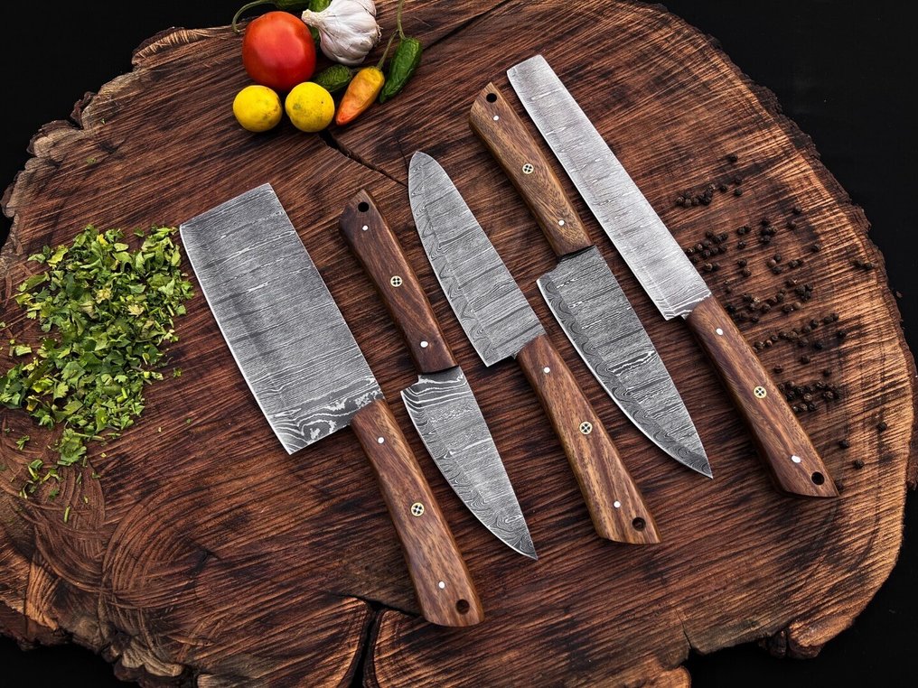 Coltello da cucina -  Set di coltelli da chef da cucina per usi quotidiani in interno ed esterno (UZ-293) - American ROSE legno e lama realizzati in acciaio piegato 1095 e 15N20 - Stati Uniti - Set da cucina e barbecue #1.0