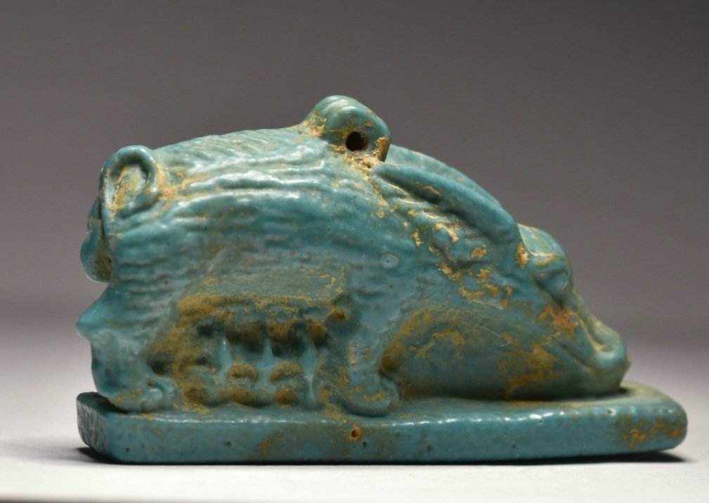 Ancient Egyptian Faience Large Amulet of a Sow Suckling her Piglets, Goddess Nut - 49 mm (No reserve price) #1.0