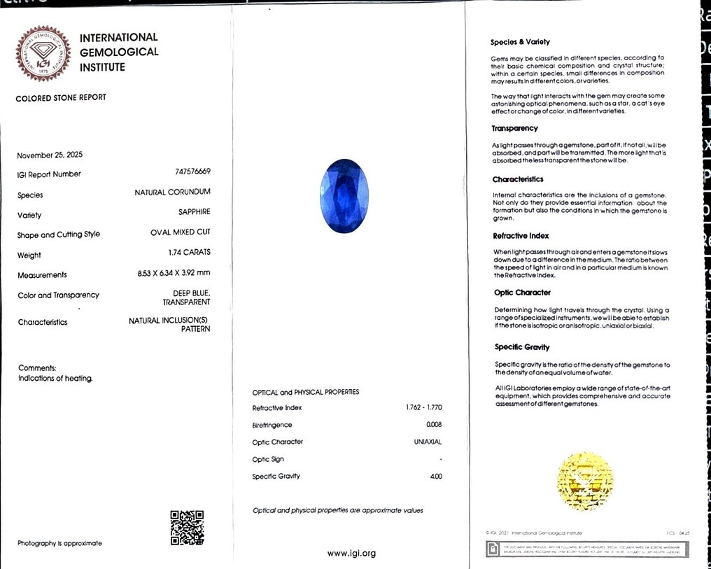 Fără preț de rezervă Albastru Safir - 1.74 ct - IGI (Institutul gemologic internațional) #2.1