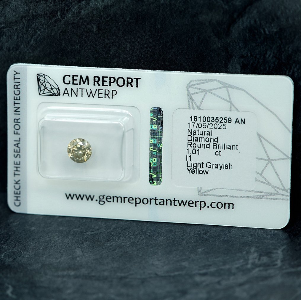 No reserve price - 1 pcs Diamond  (Natural coloured)  - 1.01 ct - Round - Light Greyish Yellow - I1 - Gem Report Antwerp (GRA) #3.2