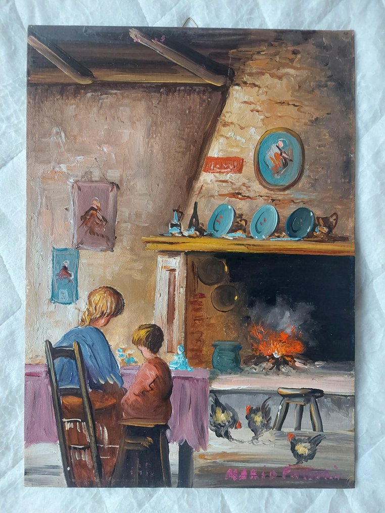 Mario Fattori (1930) - Scena d'interno con madre e bambino seduti di fronte a un camino #2.1