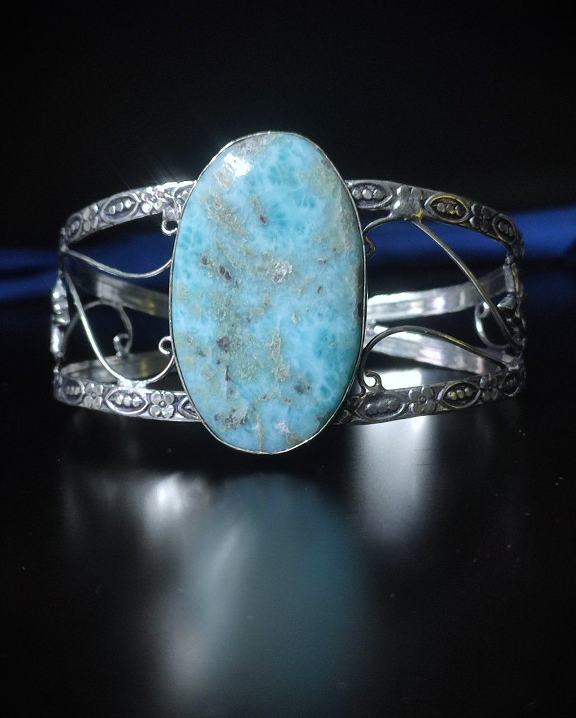 无底价，非常漂亮的天然蓝色海洋拉利玛尔925银手链 - 手镯 #4.3