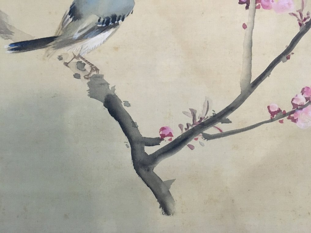 Bird and Flower / Japanese Vintage Hanging Scroll KAKEJIKU / Silk / Hand Painted - Signed - Japan  (No reserve price) #4.3