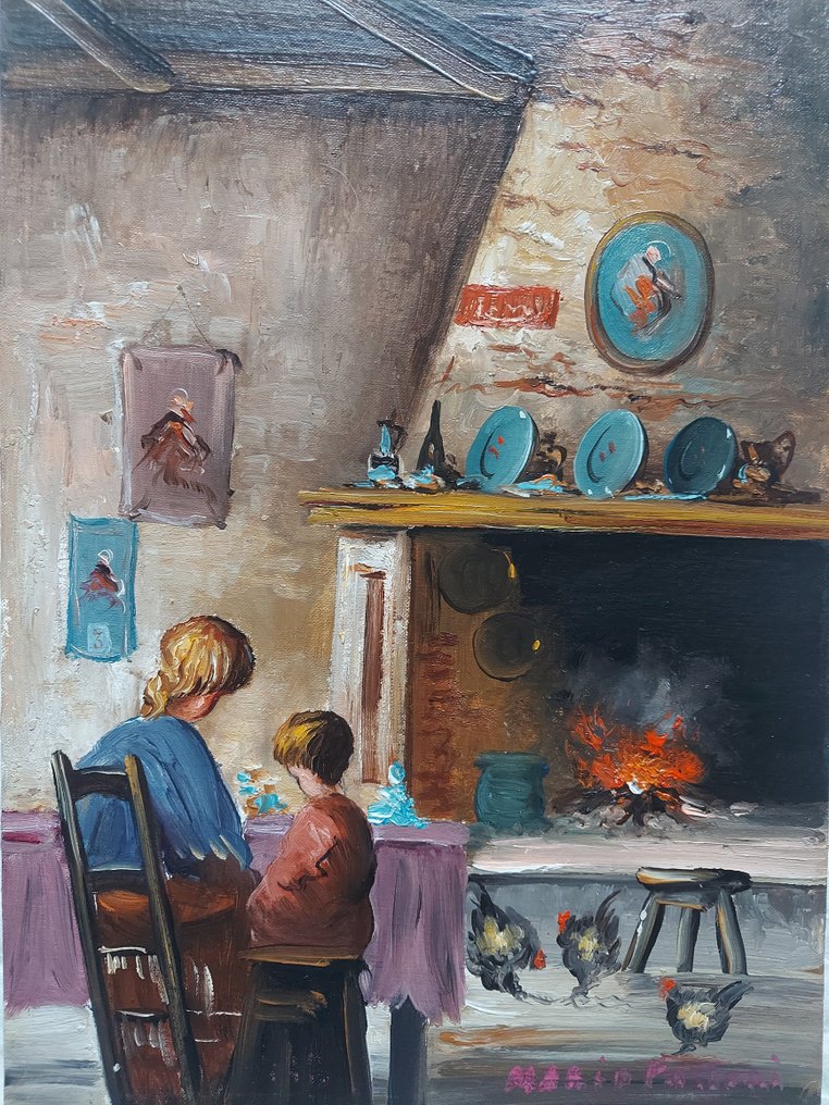 Mario Fattori (1930) - Scena d'interno con madre e bambino seduti di fronte a un camino #4.3