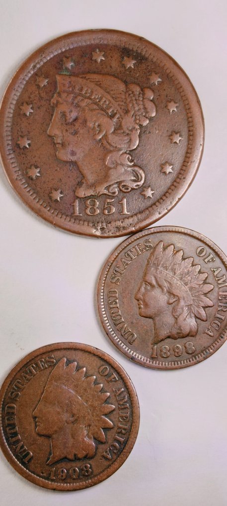 Verenigde Staten. Lot of 4 Cents ('Liberty'/'Indian Head'): 1851, 1898, 1907 and 1908 - 1907 graded by NGC (XF Details) (Zonder minimumprijs) #1.0