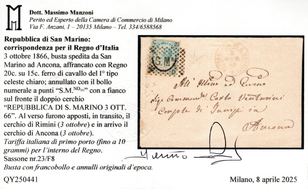 Itália - Reino - Busta enviada de San Marino, franqueada com 20c. sobre 15c. ferro de cavalo, Tipo I, anulada. - Sassone n. 23 + Annullo S. Marino F8 #2.1