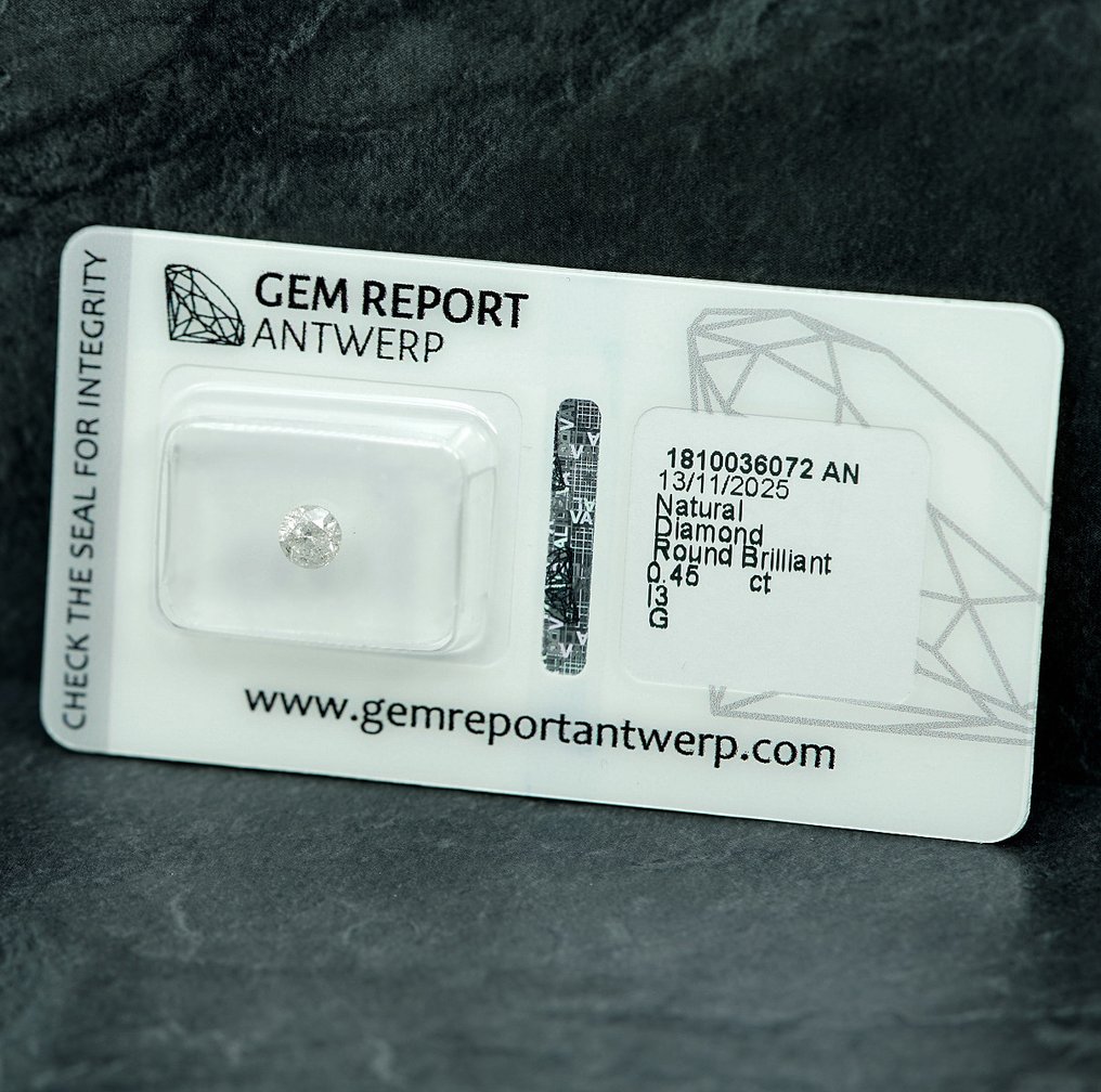 Zonder minimumprijs - 1 pcs Diamant (Natuurlijk) - 0.45 ct - Rond - G - I3 - Gem Report Antwerp (GRA) #3.2
