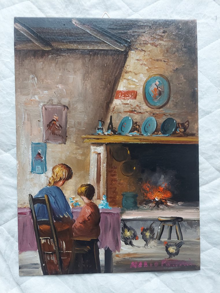 Mario Fattori (1930) - Scena d'interno con madre e bambino seduti di fronte a un camino #3.2