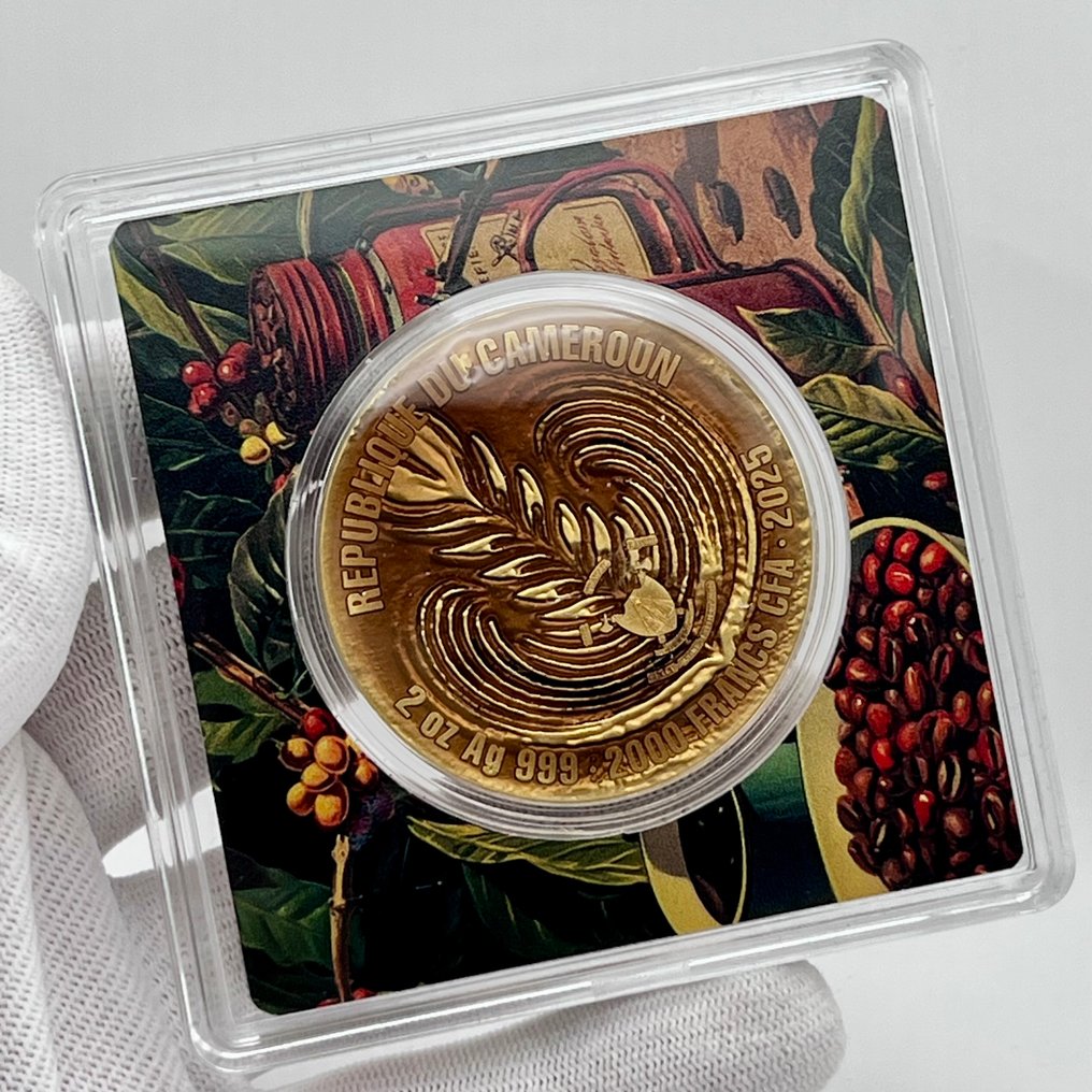 Cameroun. 2,000 Francs 2025  – Civet Coffee – 2 oz Silver coin – .999 Fine – Gold-Gilded – High Relief #3.2
