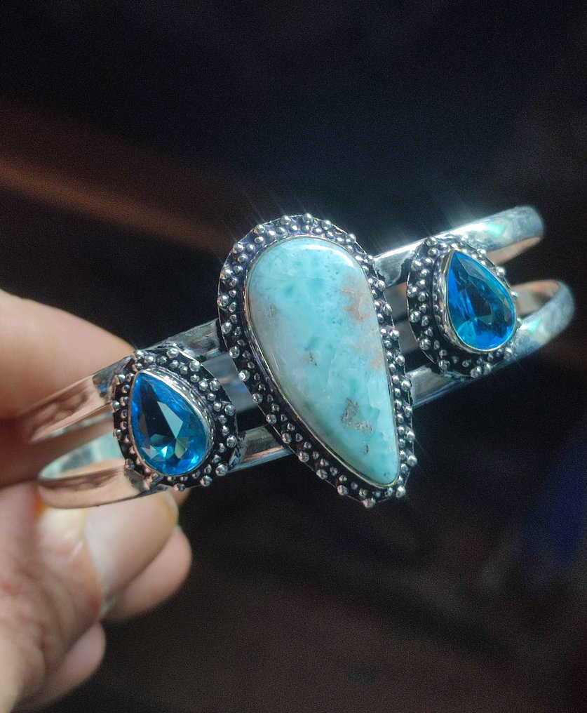 Pulseira de prata 925 com Larimar azul natural muito bonito e Topázio azul, sem preço de reserva. - Bracelete #3.2