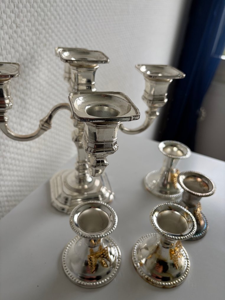 Ensemble de Chandeliers Plaqué Argent (5-Bras + 4 Bougeoirs Individuels) - Taperstick (5) - Silverplated, Gold plated #4.3