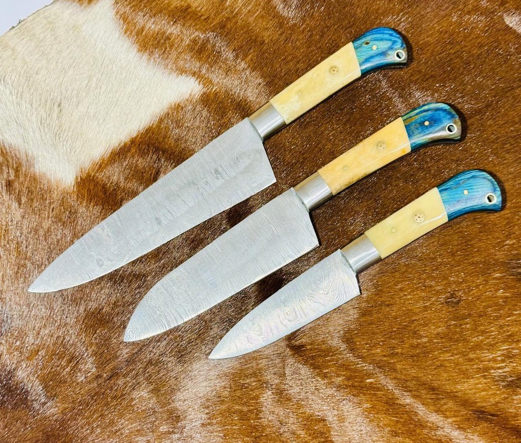 厨刀 -  厨房刀具套装（0062） - 由骆驼骨、异国木材制成的把手和由折叠钢制成的刀刃 - 英国 - 厨房刀具套装 #3.2