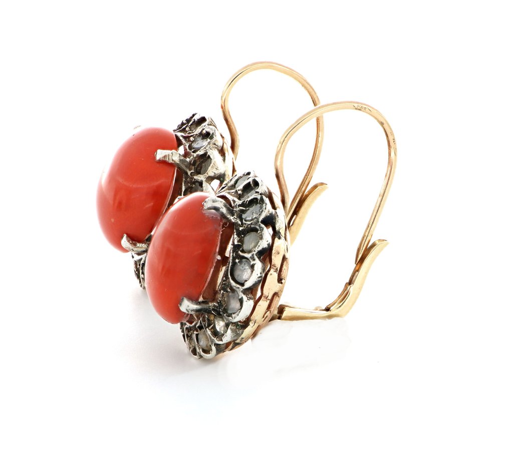 χωρίς τιμή ασφαλείας - Σκουλαρίκια - 18 καράτια Κίτρινο χρυσό Κοράλλι - Διαμάντι #1.0
