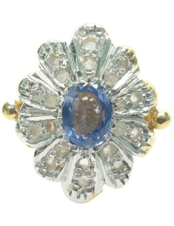 Zonder minimumprijs - Ring - 9 kt. Geel goud, Zilver Saffier - Diamant #1.0