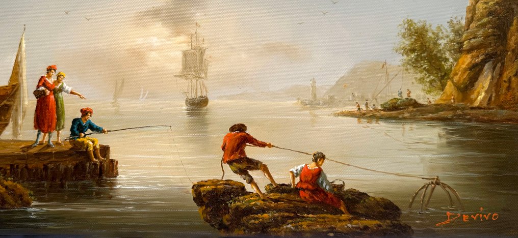 Devivo (XX) - Pêcheurs Entre Voiliers et Rochers Dorés - Paysage Maritime Italien #3.2