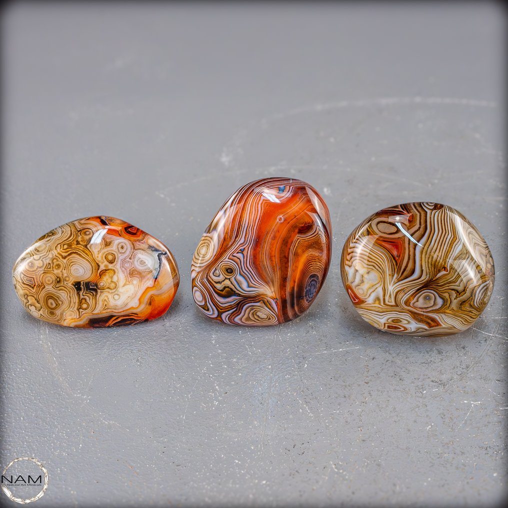 Set di forme libere in sardonyx e acquamarina nastro vivace, colori profondi e motivi straordinari- 295.95 g - (3) #1.0