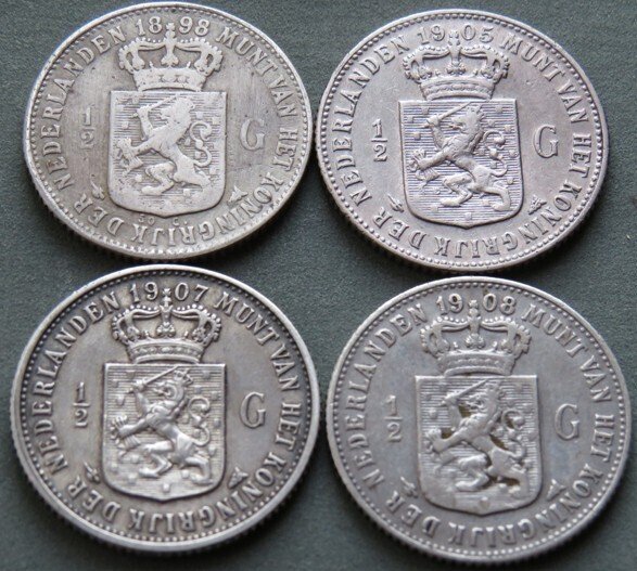 Holland. Wilhelmina. 1/2 Gulden 1898-1905-1907-1908(4 stuks)  (Ingen mindstepris) #3.2
