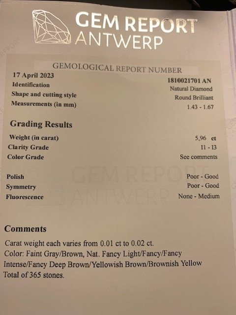 Zonder minimumprijs - 365 pcs Diamant (Natuurlijk gekleurd) - 5.96 ct - Rond - Fancy light, Fancy intense Bruinachtig, Geelachtig Gemengd bruin, Gemengd geel - P1, I3 - Gem Report Antwerp (GRA) - 365 Stones #1.0