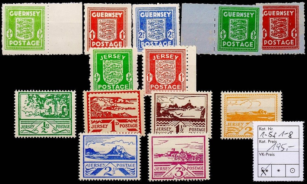 Channel Islands 1941/1943 - German occupation of Guernsey and Jersey, completely MNH, and Jersey fully stamped. #1.0