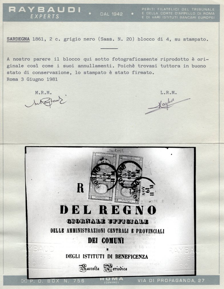 意大利古國－薩丁尼亞 1861 - 印刷品邮票 - 2分灰黑色四连，用于已印刷品 - 品质极佳！！！ - Sassone n. 20 #2.1