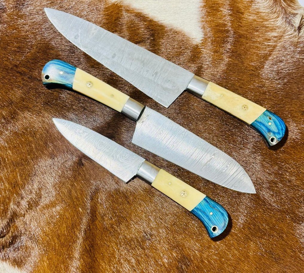 厨刀 -  厨房刀具套装（0062） - 由骆驼骨、异国木材制成的把手和由折叠钢制成的刀刃 - 英国 - 厨房刀具套装 #1.0