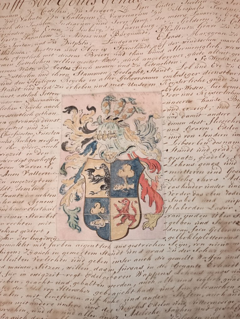 Handwritten document related to Charles V, Holy Roman Emperor. Hand colored coat of arms in the - 1582 #1.0