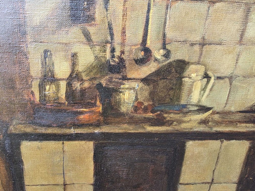 Renato Passaro (1910-1970) - Interno di Cucina con Coppia al Calore del Focolare #4.3
