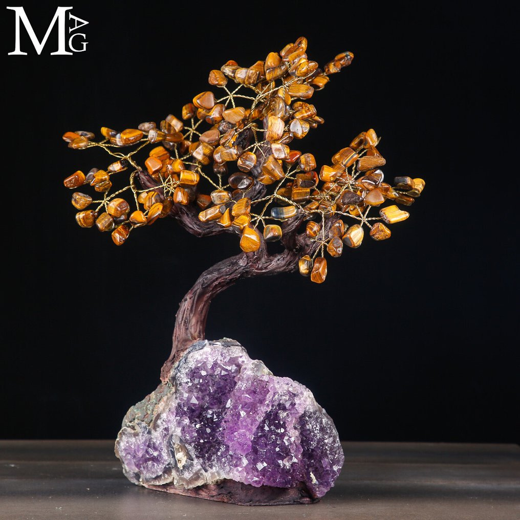 Tiger’s Eye Gemstone 'Tree of Life' on Natural Amethyst Druse Base - Height: 382 mm - Width: 320 mm- 3712 g #1.0