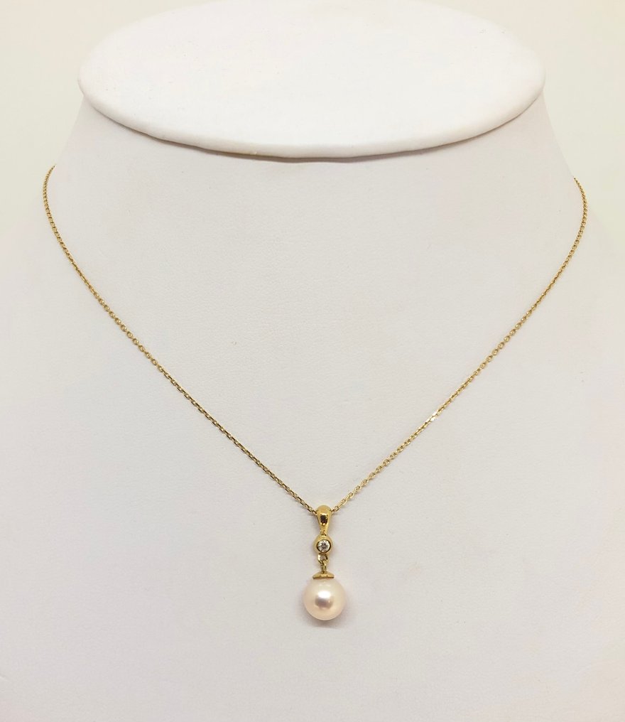 Ketting met hanger Akoya parel - Geelgouden 18K sluiting Diamant (Natuurlijk) #1.0