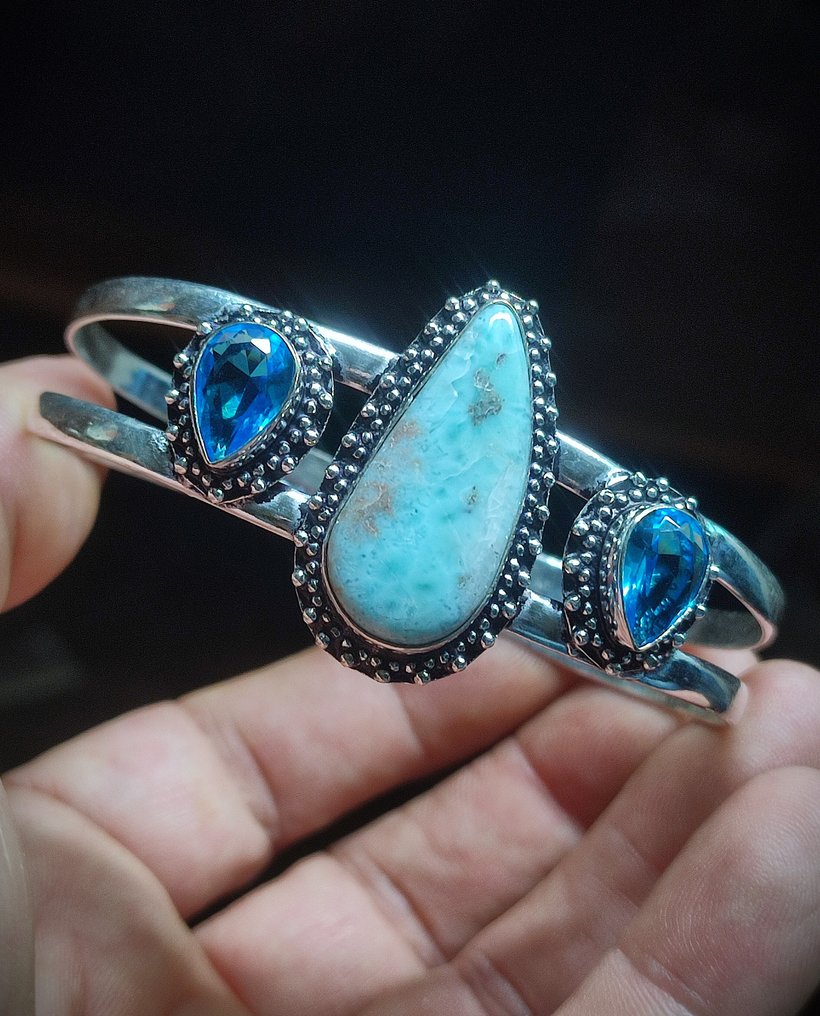 Pulseira de prata 925 com Larimar azul natural muito bonito e Topázio azul, sem preço de reserva. - Bracelete #1.0