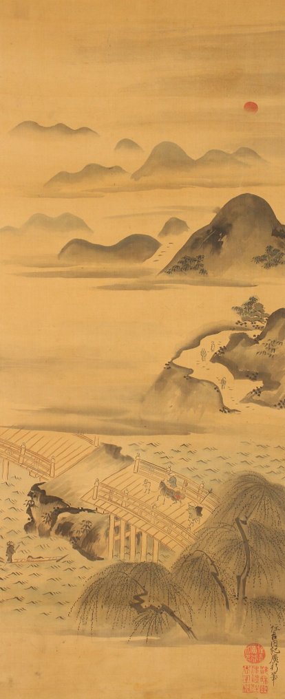 Meget fin samling af scrolls 'Eight views of Omi', signeret - inklusive indskrevet tomobako. - Silke - Sumiyoshi Hiroyuki (1754-1811) - Japan - Sene Edo-periode #3.2