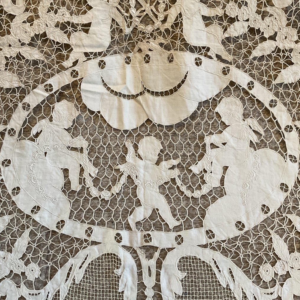 装饰饰品 - 古董法式蕾丝窗帘——天使像、鸟类与花卉优雅，约1880年至1910年 - 法国 #4.3