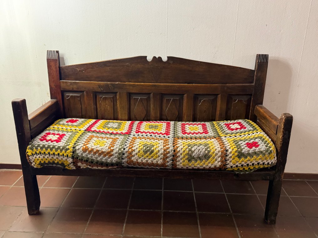 ambachtelijk gemaakt - Escaño (mueble) - Banco con colchón - Castaño - banco de granjero rústico #1.0