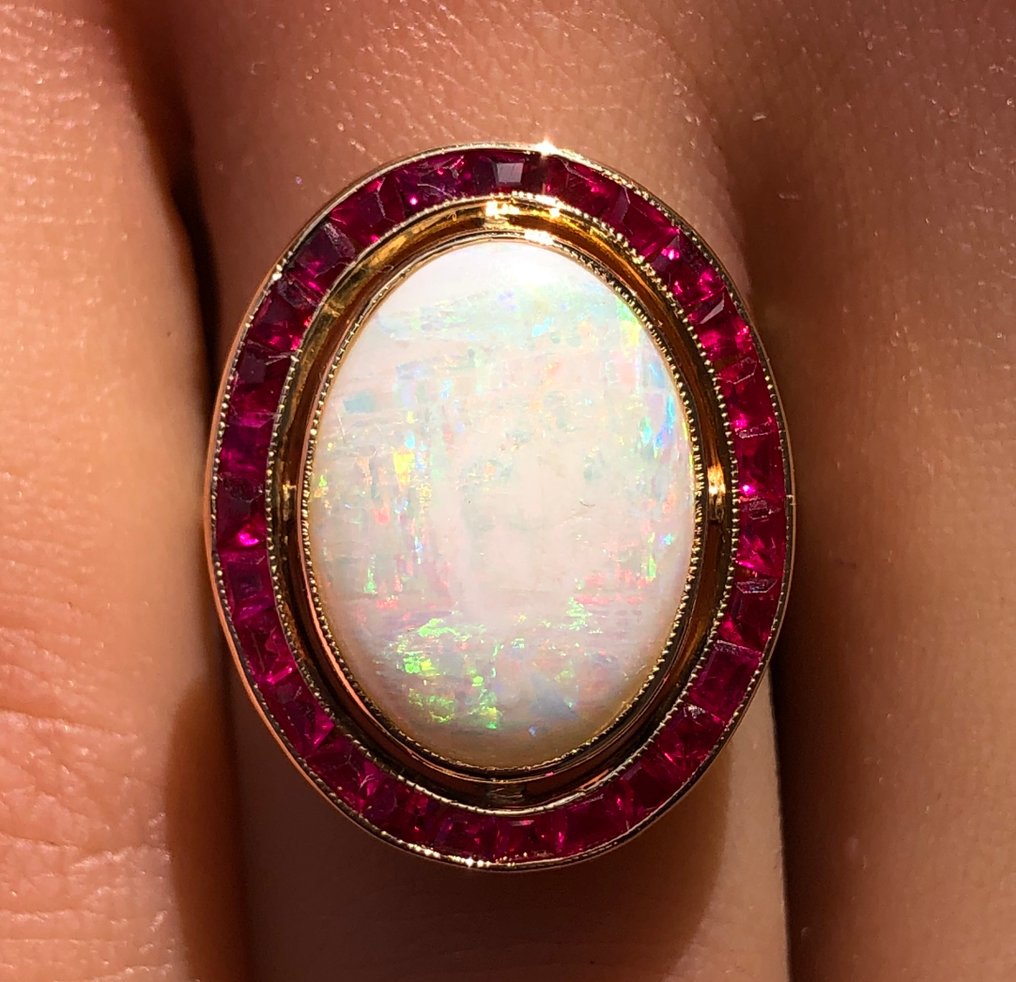 No reserve price - Ring - 18 kt. Yellow gold - 3.58ct. tw. Opal - Ruby - 1920 #1.0