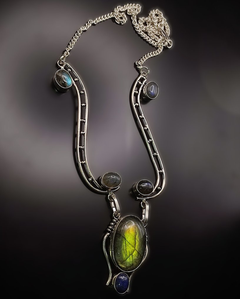 无底价 美丽的拉布拉多石手工925银项链 免运费 - 衣领项链 #1.0