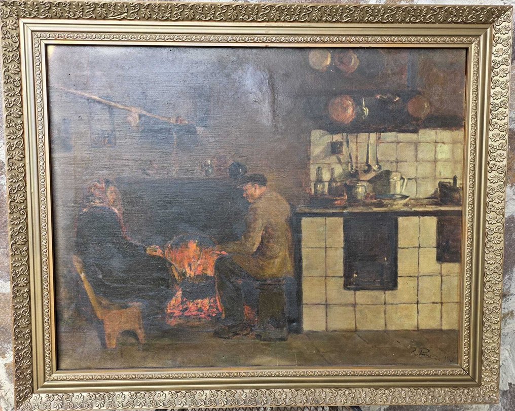 Renato Passaro (1910-1970) - Interno di Cucina con Coppia al Calore del Focolare #1.0