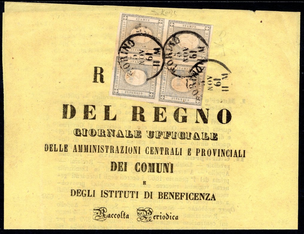 意大利古國－薩丁尼亞 1861 - 印刷品邮票 - 2分灰黑色四连，用于已印刷品 - 品质极佳！！！ - Sassone n. 20 #1.0