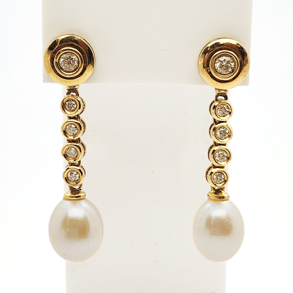 Drop fülbevaló - 18 kt. Sárga arany Gyöngy - Gyémánt #1.0