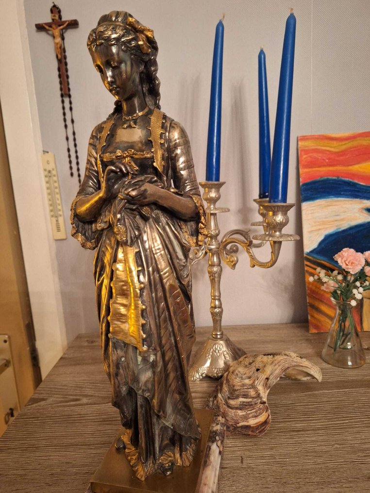 Eugène-Antoine Aizelin (1821-1902) - 雕像, Femme troubadour - 45 cm - 銅綠青銅 #2.1