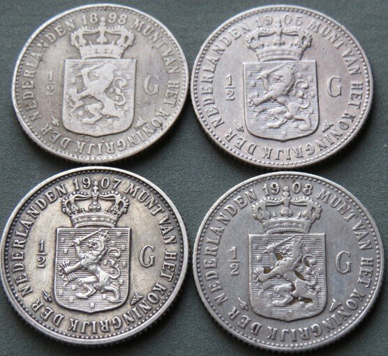 Holland. Wilhelmina. 1/2 Gulden 1898-1905-1907-1908(4 stuks)  (Ingen mindstepris) #1.0