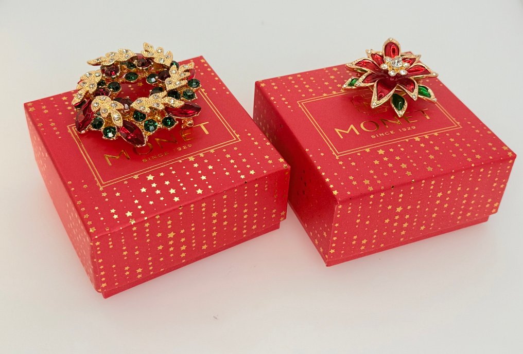 Monet - Conjunto de Dois: Guirlanda de Natal com Pedras Multicoloridas e Poinsettia de Natal NIB (Ambos - Pregadeira #1.0