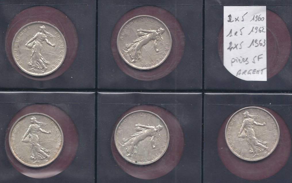 Franța. 5 Francs 1960/1963 Semeuse (lot de 5 monnaies en argent) (Fără preț de rezervă) #1.0