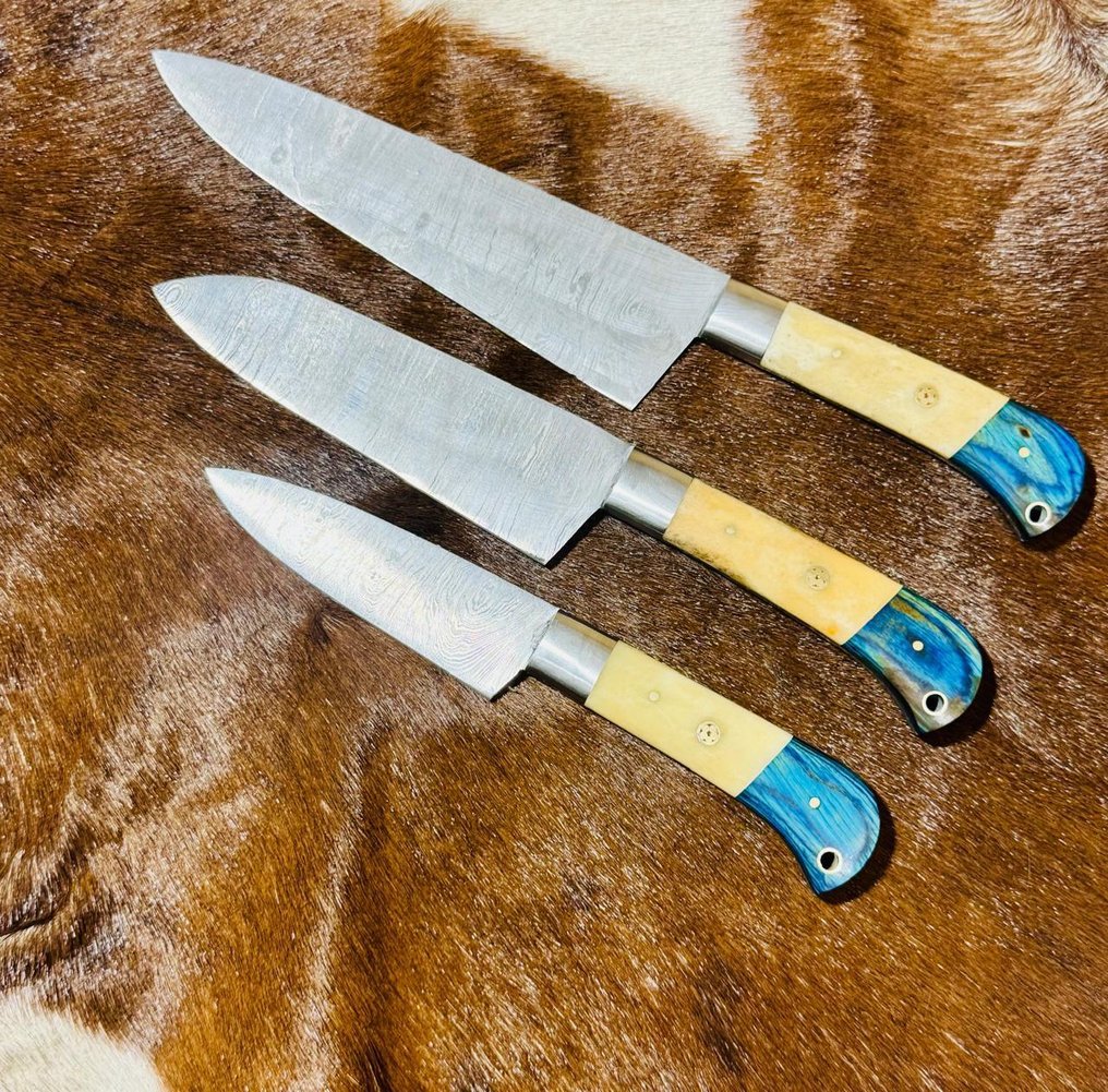 厨刀 -  厨房刀具套装（0062） - 由骆驼骨、异国木材制成的把手和由折叠钢制成的刀刃 - 英国 - 厨房刀具套装 #1.0