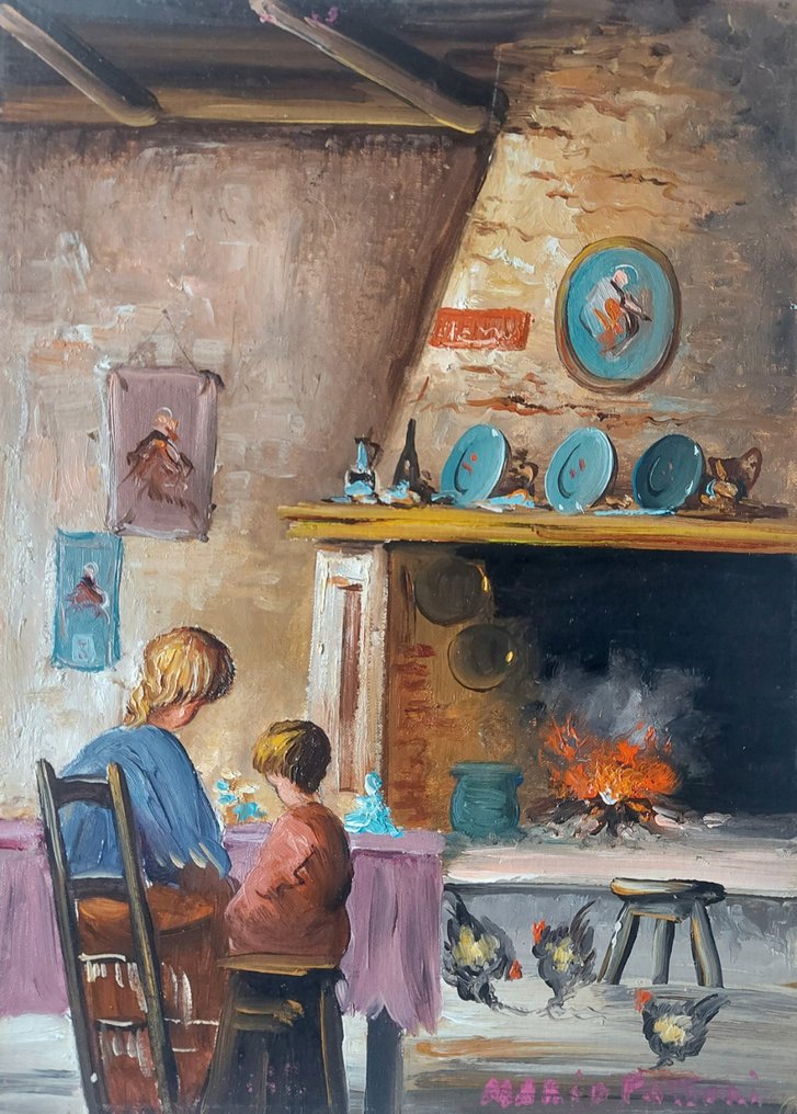 Mario Fattori (1930) - Scena d'interno con madre e bambino seduti di fronte a un camino #1.0